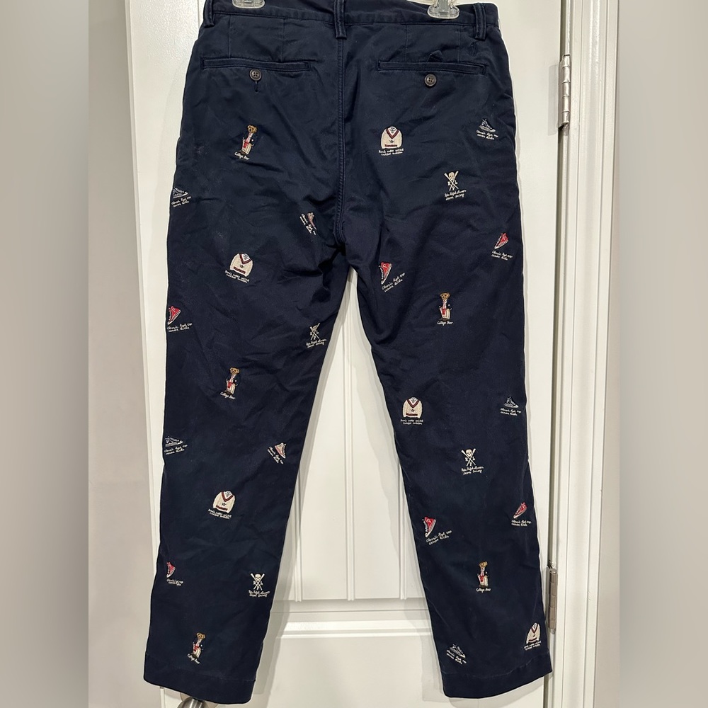 Men’s Polo Ralph Lauren navy blue chino pants with bear skull varsity sweater 30